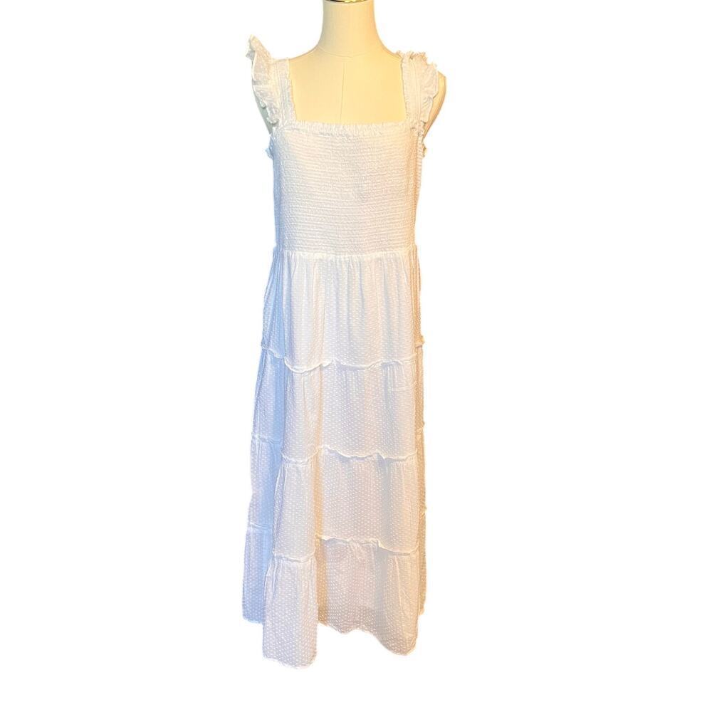 J. Crew 100% Cotton Smocked Tiered Midi Dress.  White.  Size Large